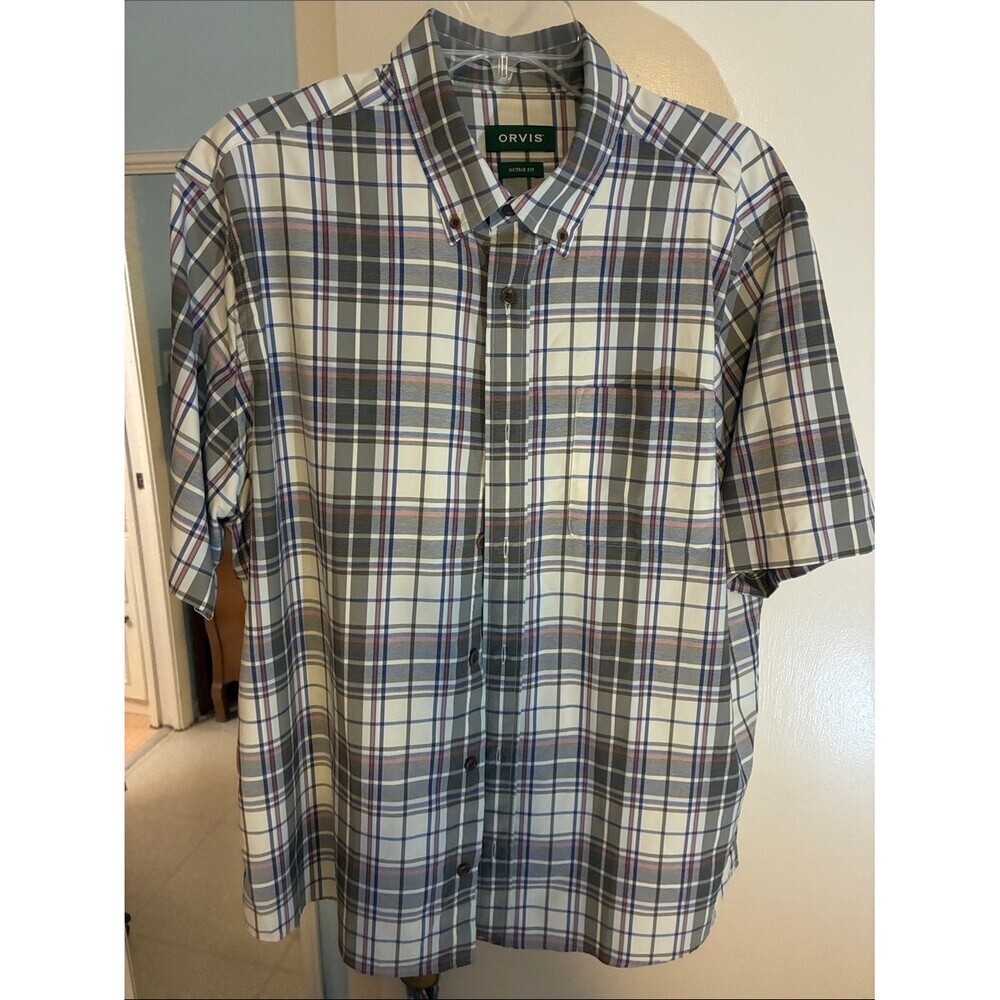 Orvis White, Gray and Blue Plaid Short-Sleeve Button-Down